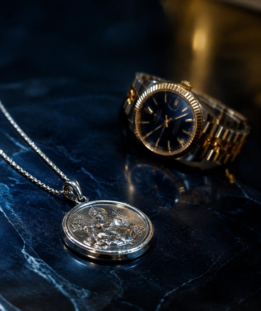 Medalla de plata y reloj sobre mármol azul